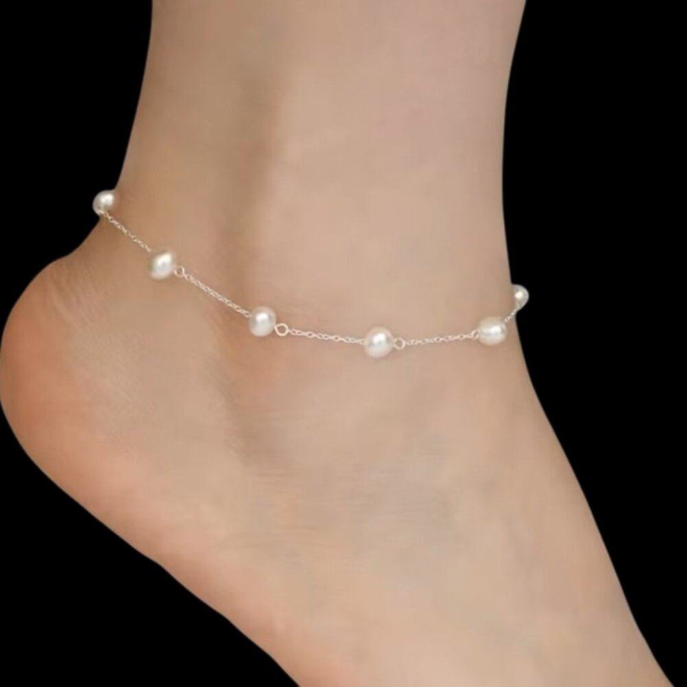 Freshwater Pearls and Sterling Silver Chain Anklet